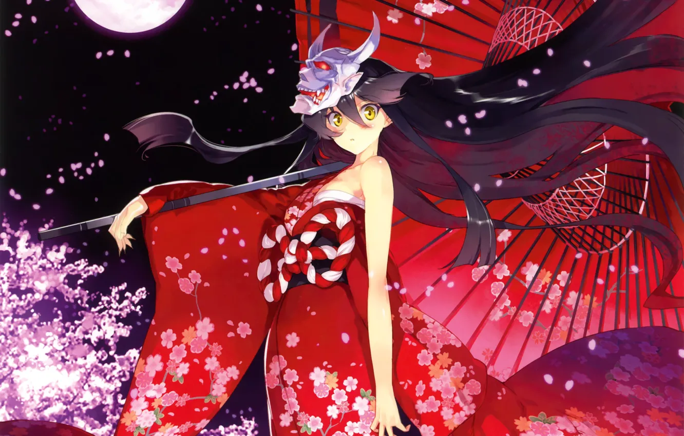 Photo wallpaper girl, flowers, night, the moon, umbrella, anime, petals, Sakura