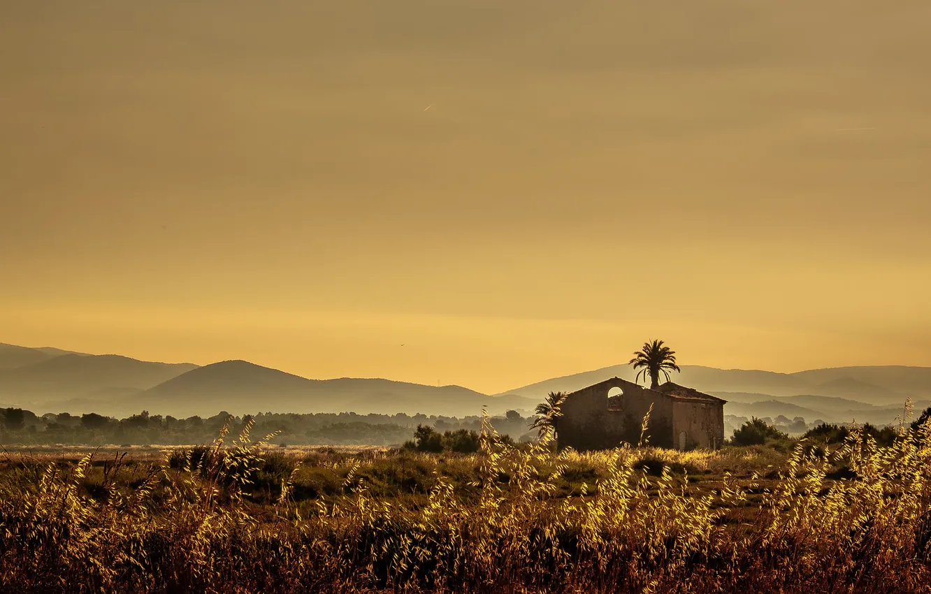 Photo wallpaper field, the sky, sunset, mountains, home, the evening, horizon, farm