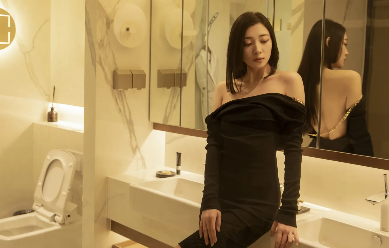 Photo wallpaper woman, beautiful, model, pretty, reflection, asian, mirror, indoor