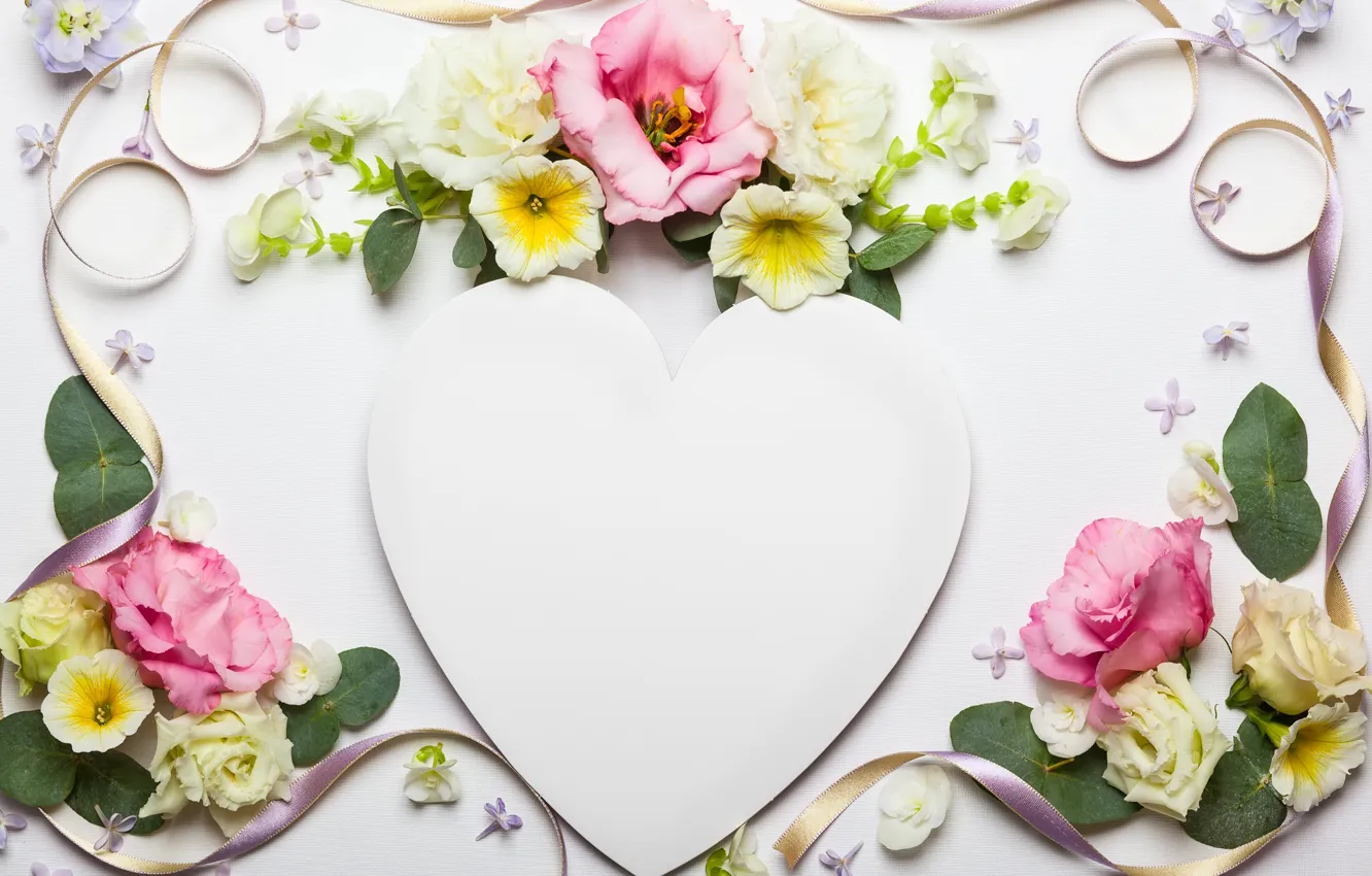 Photo wallpaper flowers, heart, tape, love, heart, wood, pink, flowers