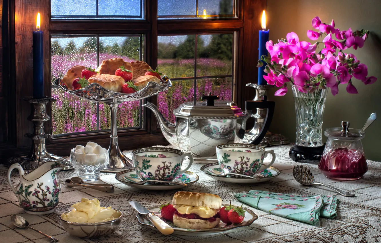 Photo wallpaper flowers, style, berries, candles, kettle, window, strawberry, Cup