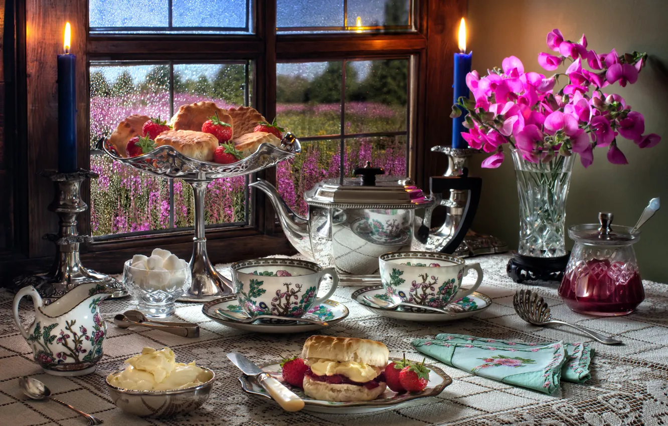 Photo wallpaper flowers, style, berries, candles, kettle, window, strawberry, mug