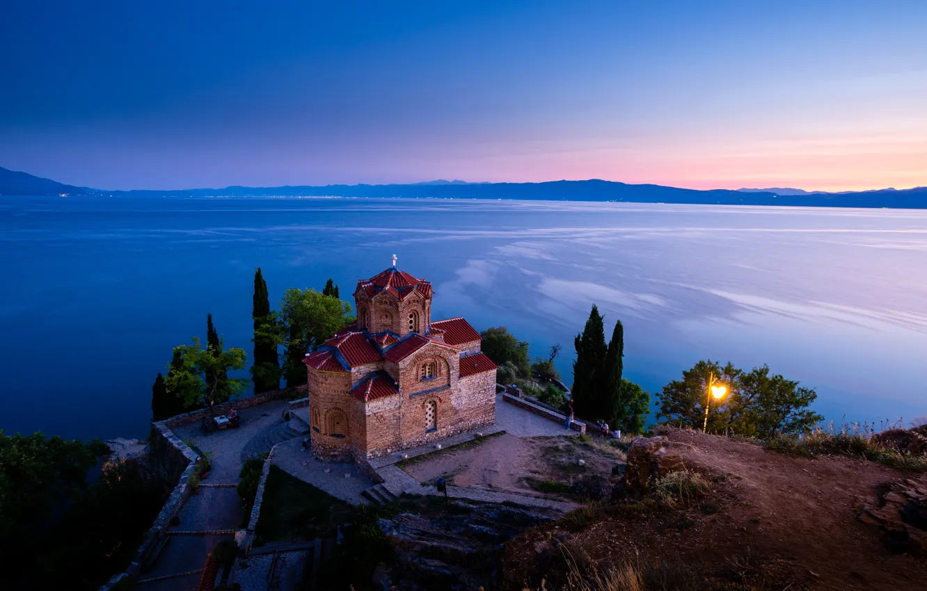 Photo wallpaper lake, Church, Lake Ohrid, Lake Ohrid, The Church Of St. John Kaneo, North Macedonia, Northern …
