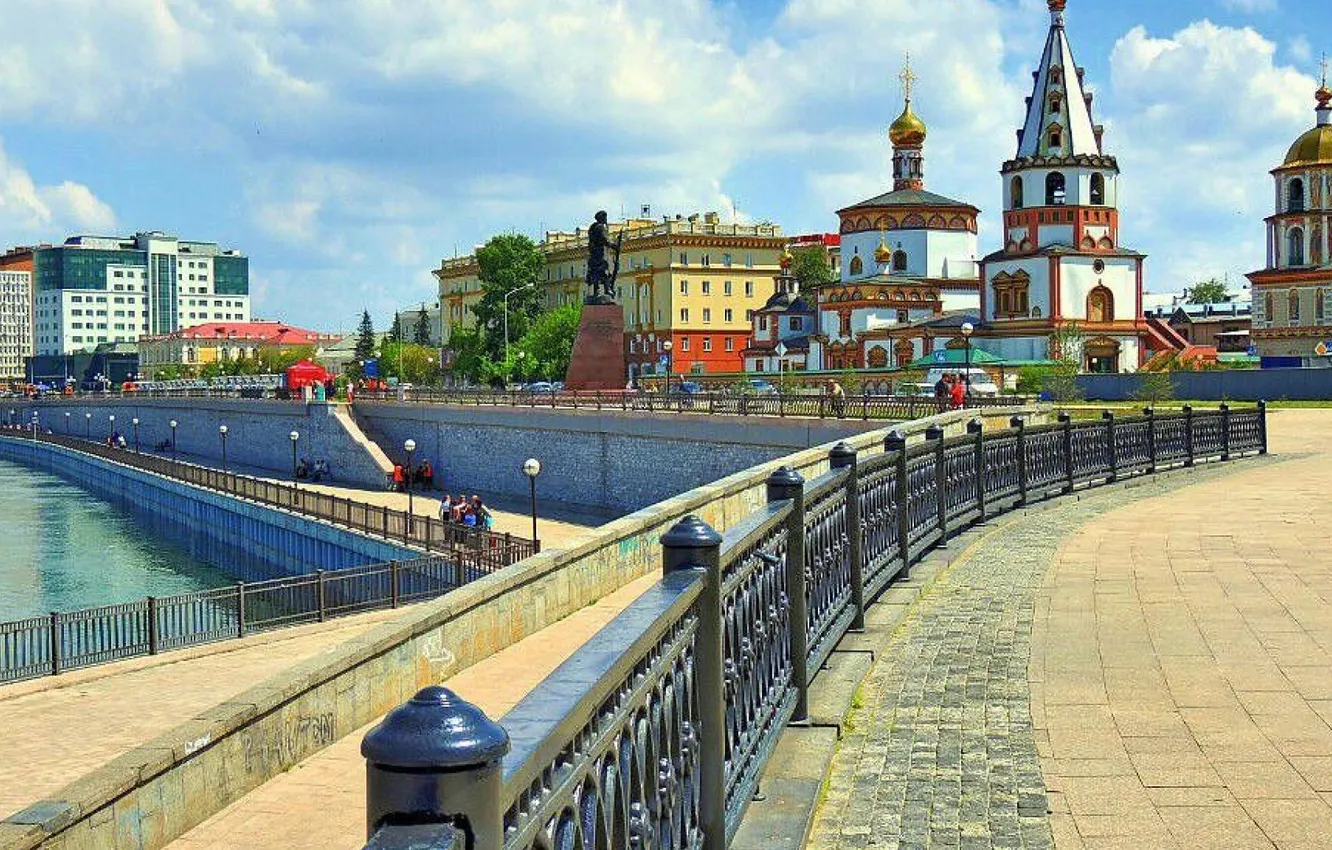 Photo wallpaper city, houses, buildings, cityscape, embankment, Irkutsk