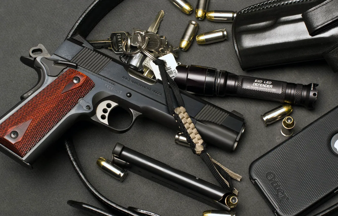 Photo wallpaper key, flashlight, phone, USA, cartridges, holster, model, clip