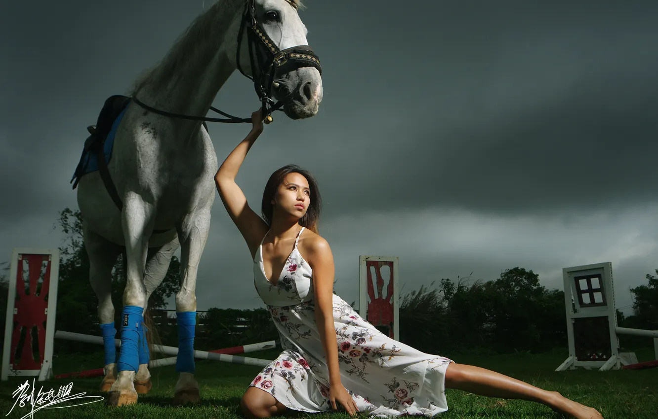 Photo wallpaper girl, horse, Asian