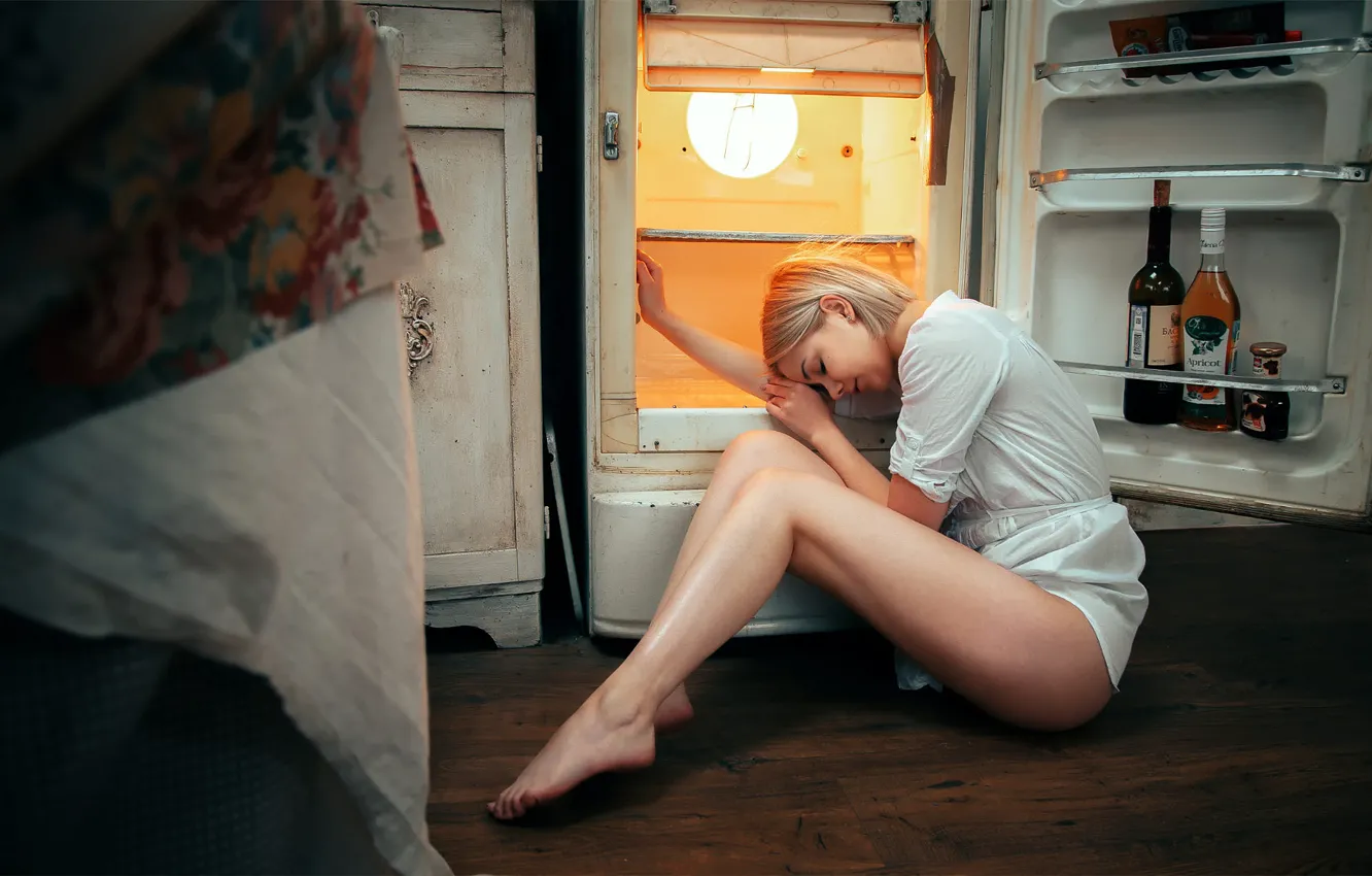 Photo wallpaper girl, refrigerator, legs, Andrey Vasilyev, Victoria Sokolova