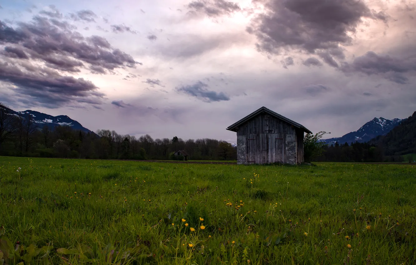 Photo wallpaper field, forest, the sky, grass, clouds, mountains, the evening, the barn