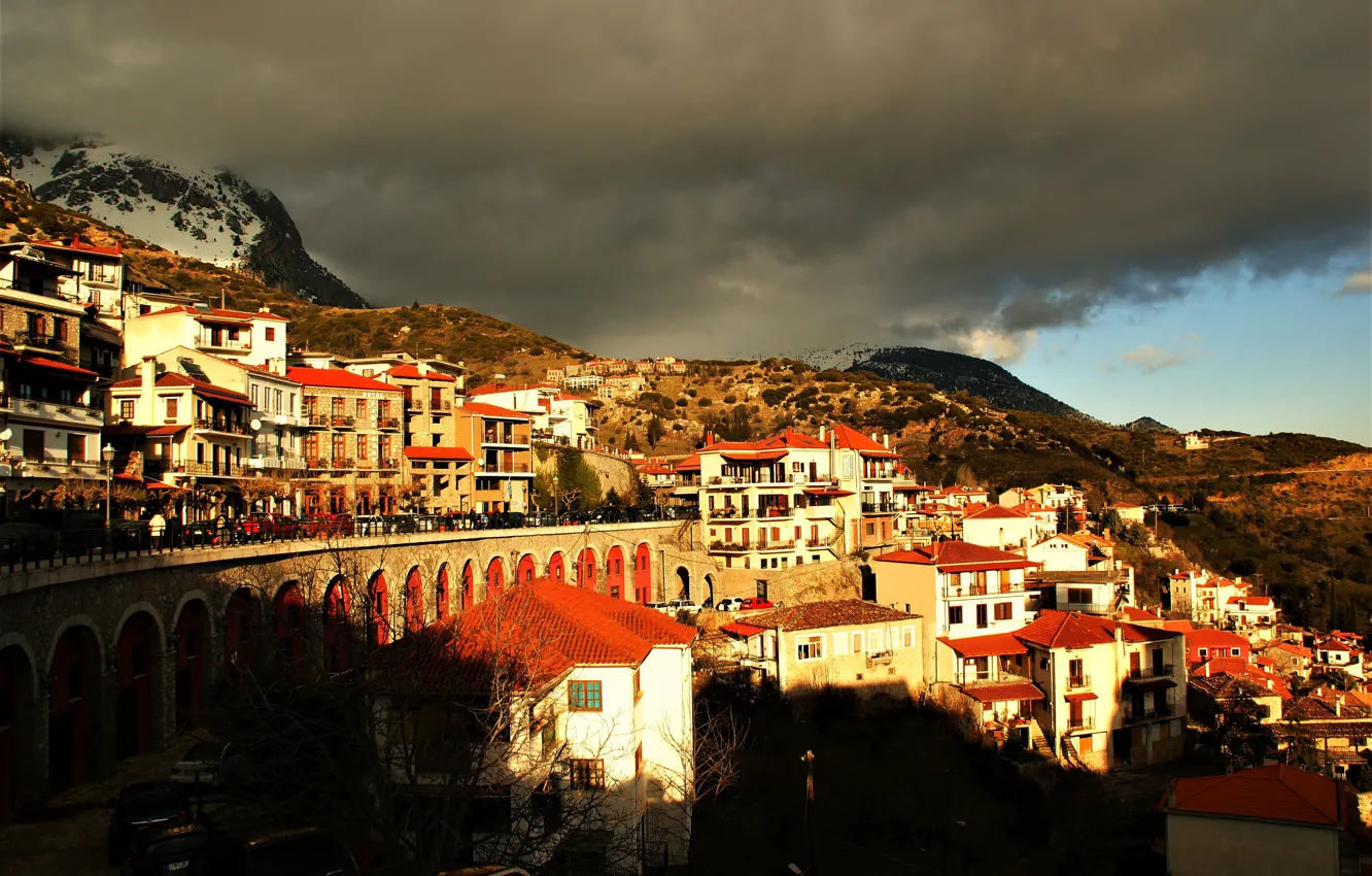 Photo wallpaper roof, the sky, light, mountains, red, clouds, the city, hills
