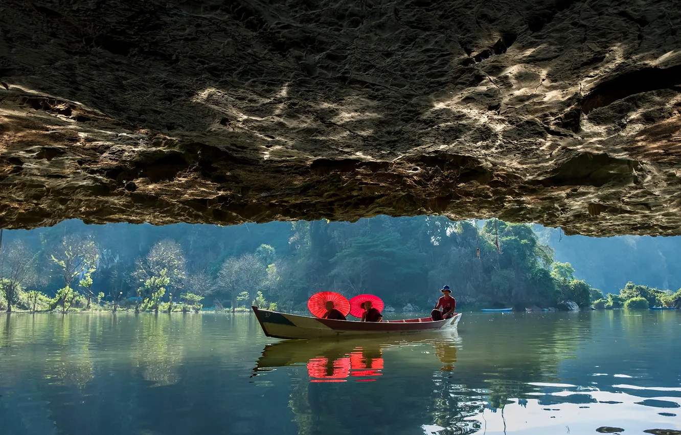 Photo wallpaper boat, umbrella, cave, the grotto