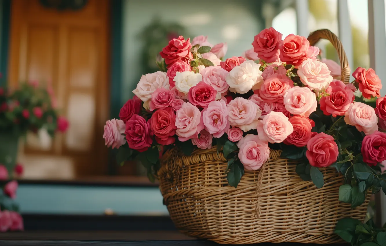 Photo wallpaper flowers, red, home, roses, bouquet, the door, pink, basket