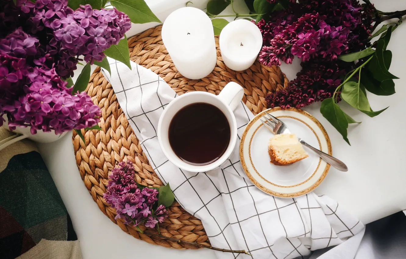 Photo wallpaper coffee, candles, pie, Cup, fabric, lilac