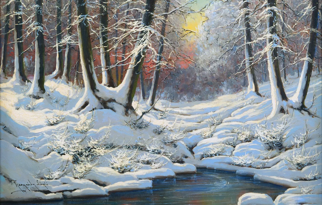 Photo wallpaper winter, snow, trees, stream, picture, Laszlo Neogrady, Laszlo Nogradi, Hungarian painter