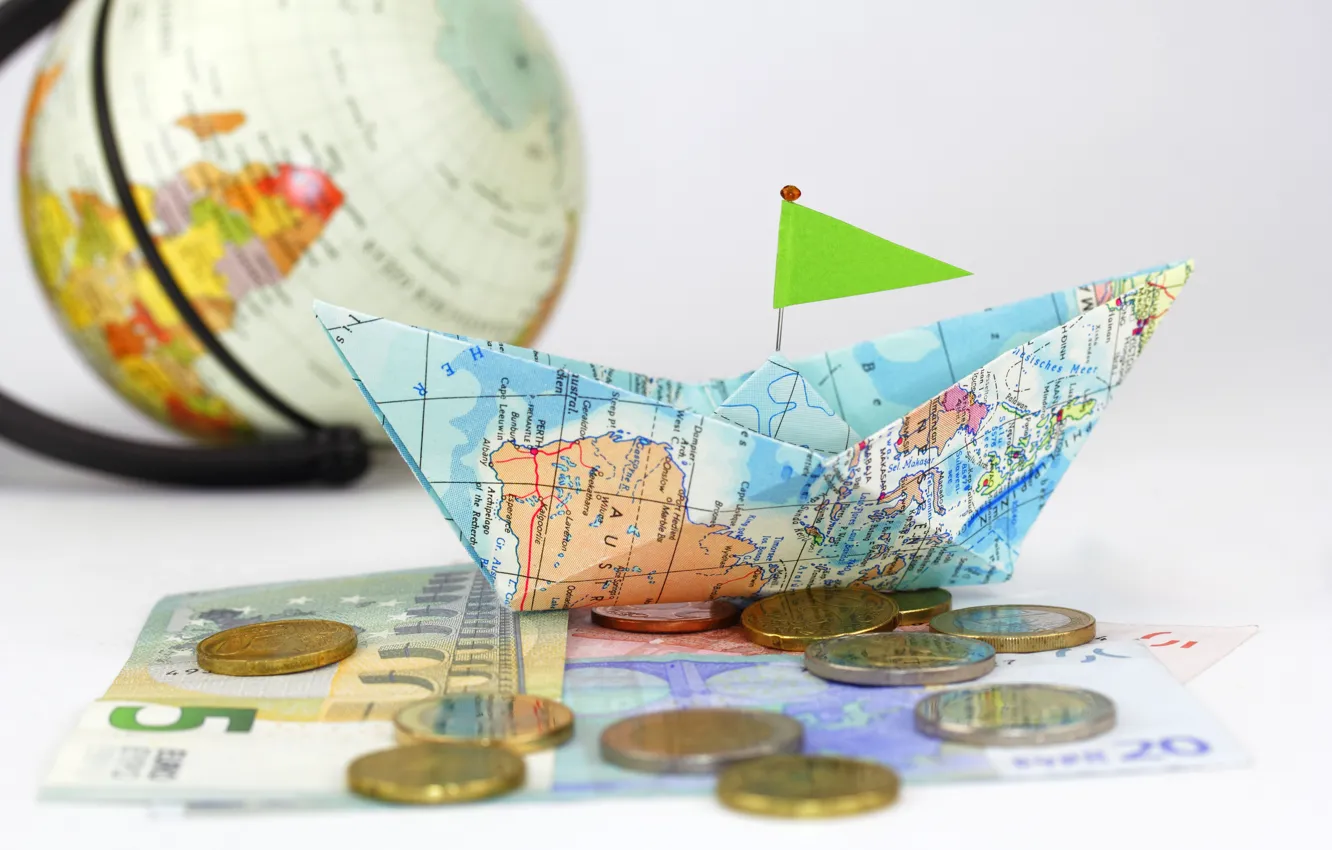 Photo wallpaper creative, map, money, positive, blur, coins, boat, globe