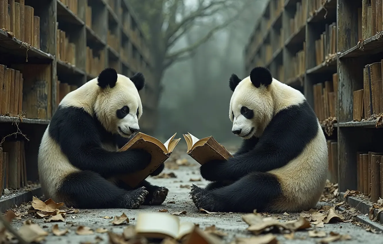 Photo wallpaper Panda, book, library
