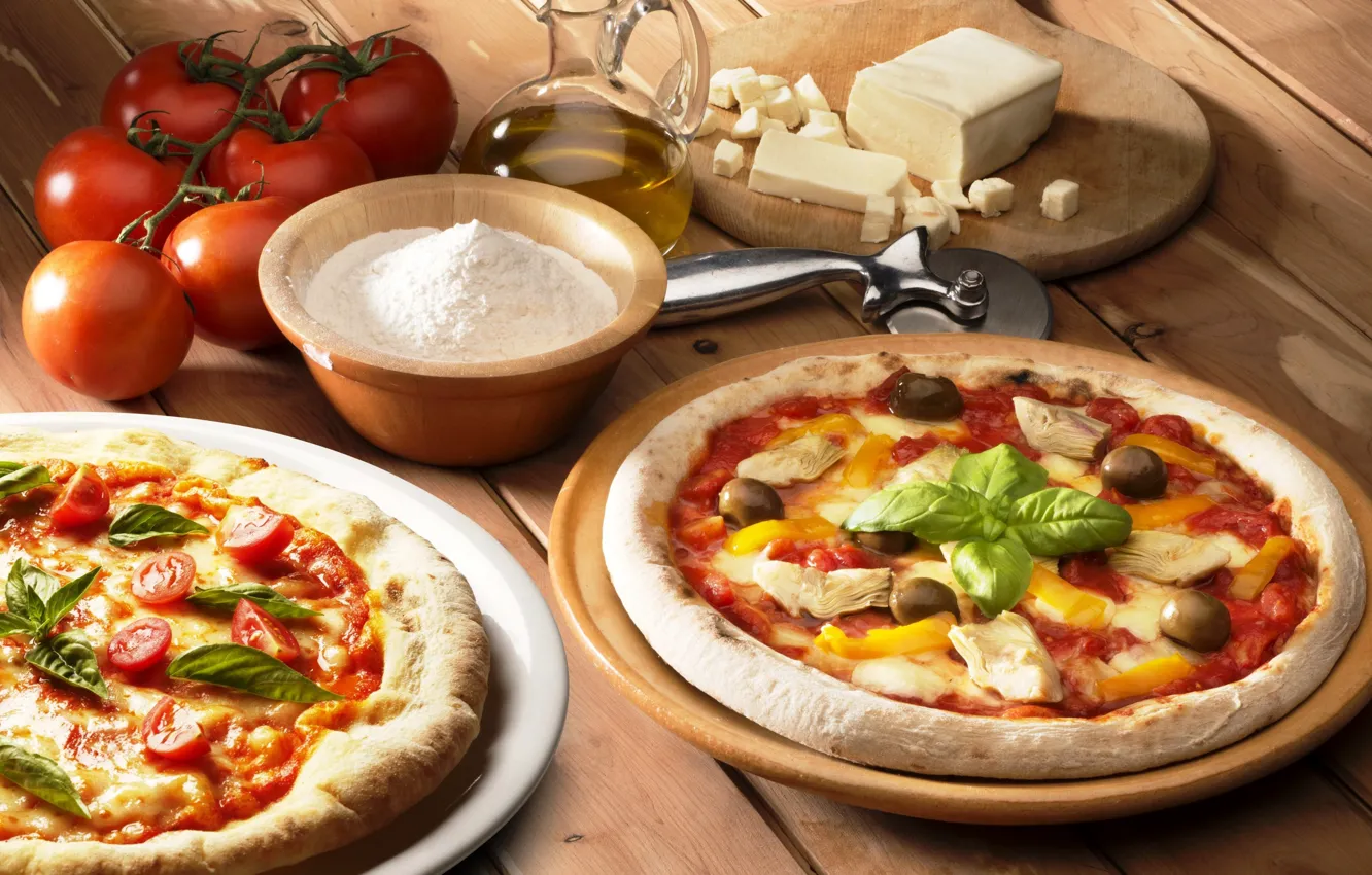 Photo wallpaper cheese, pizza, tomatoes, Basil