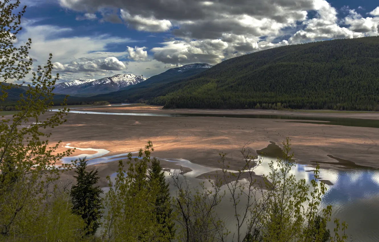Photo wallpaper sandy, mountains, divorce, trees, shore, sand, foliage, pond