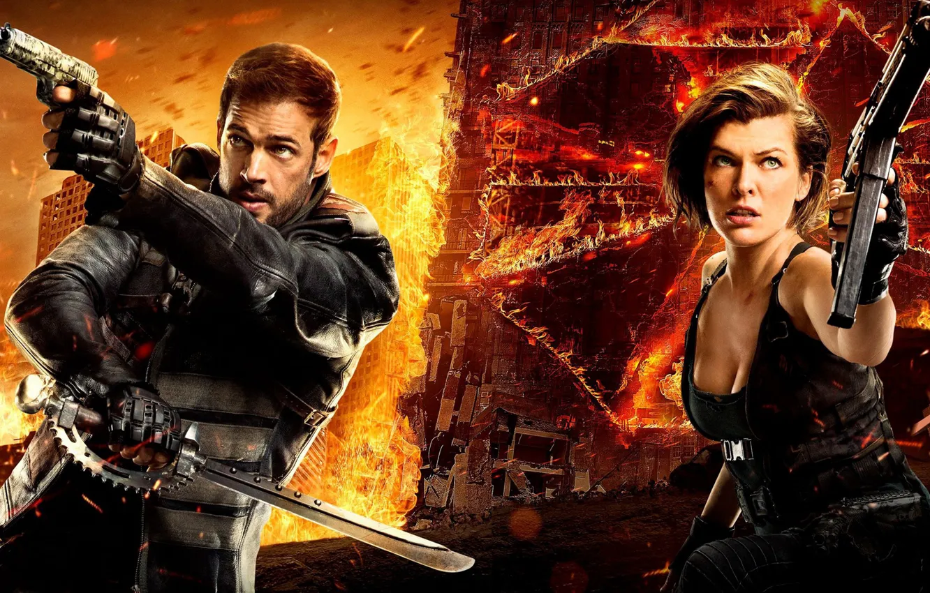 Photo wallpaper cinema, fire, girl, sword, gun, logo, weapon, woman