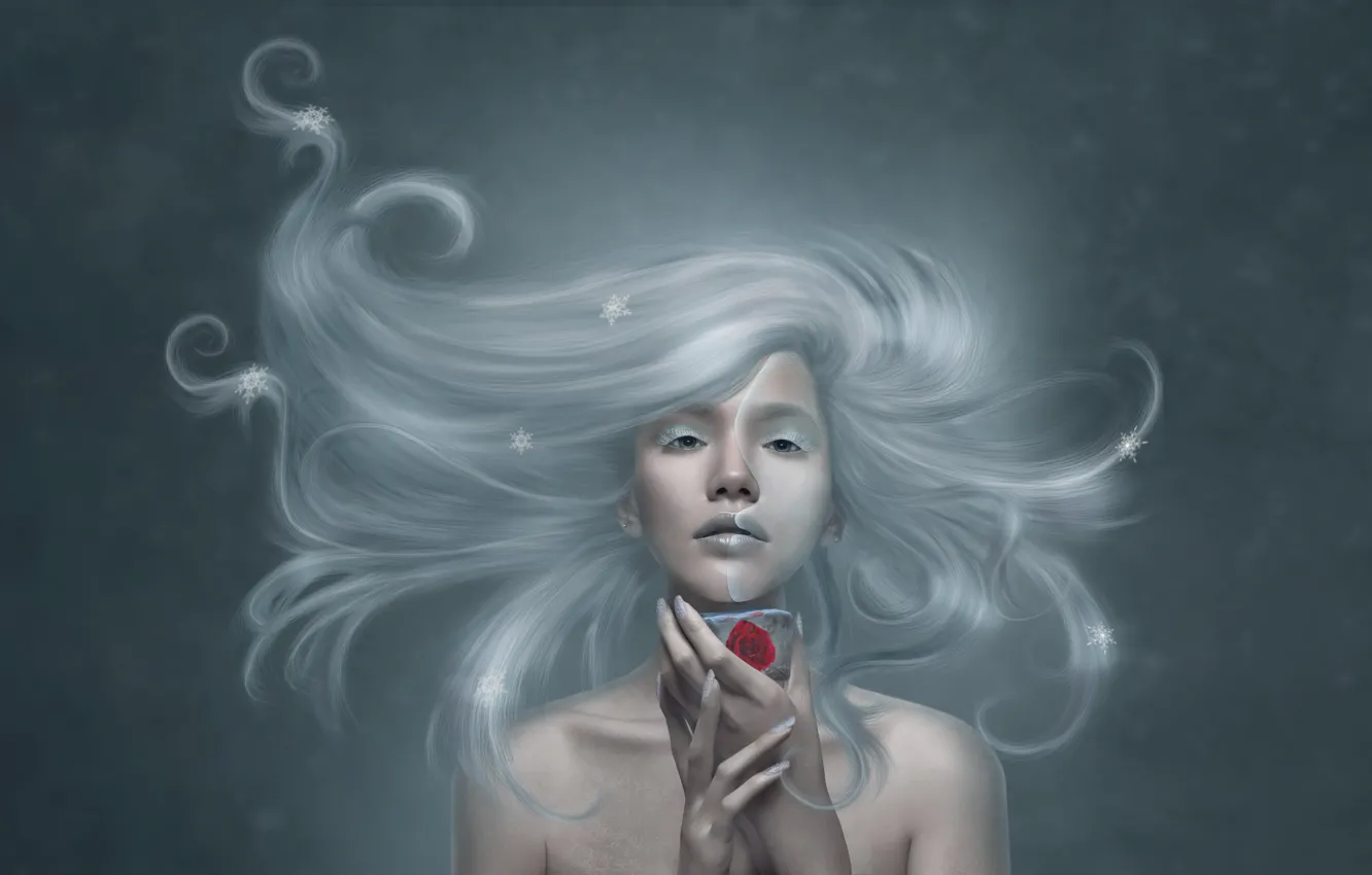 Photo wallpaper winter, girl, flowers, snowflakes, hair, figure