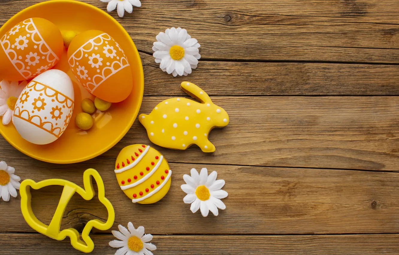 Photo wallpaper flowers, eggs, spring, colorful, Easter, wood, flowers, spring