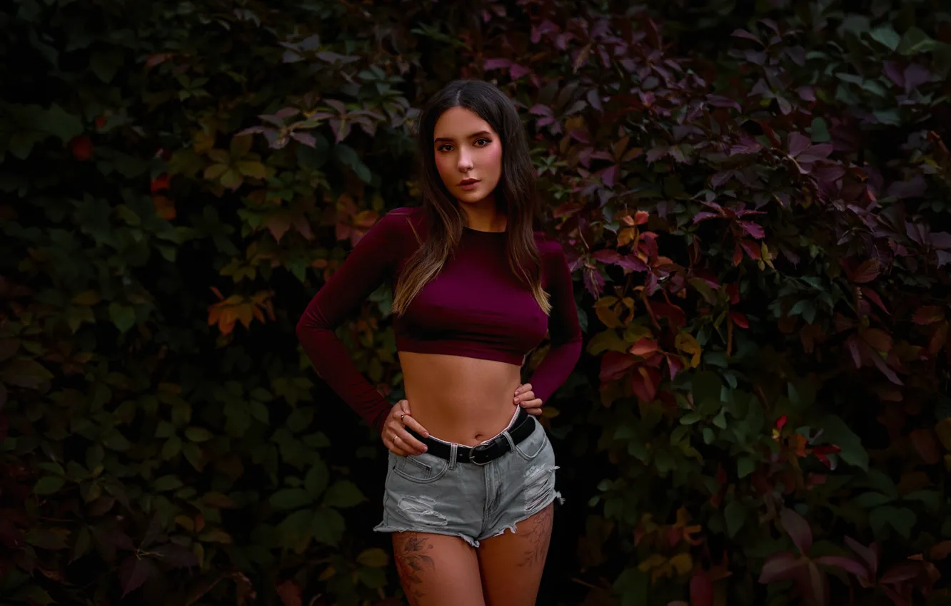 Photo wallpaper model, tattoo, women, brunette, plants, hips, jean shorts, short tops