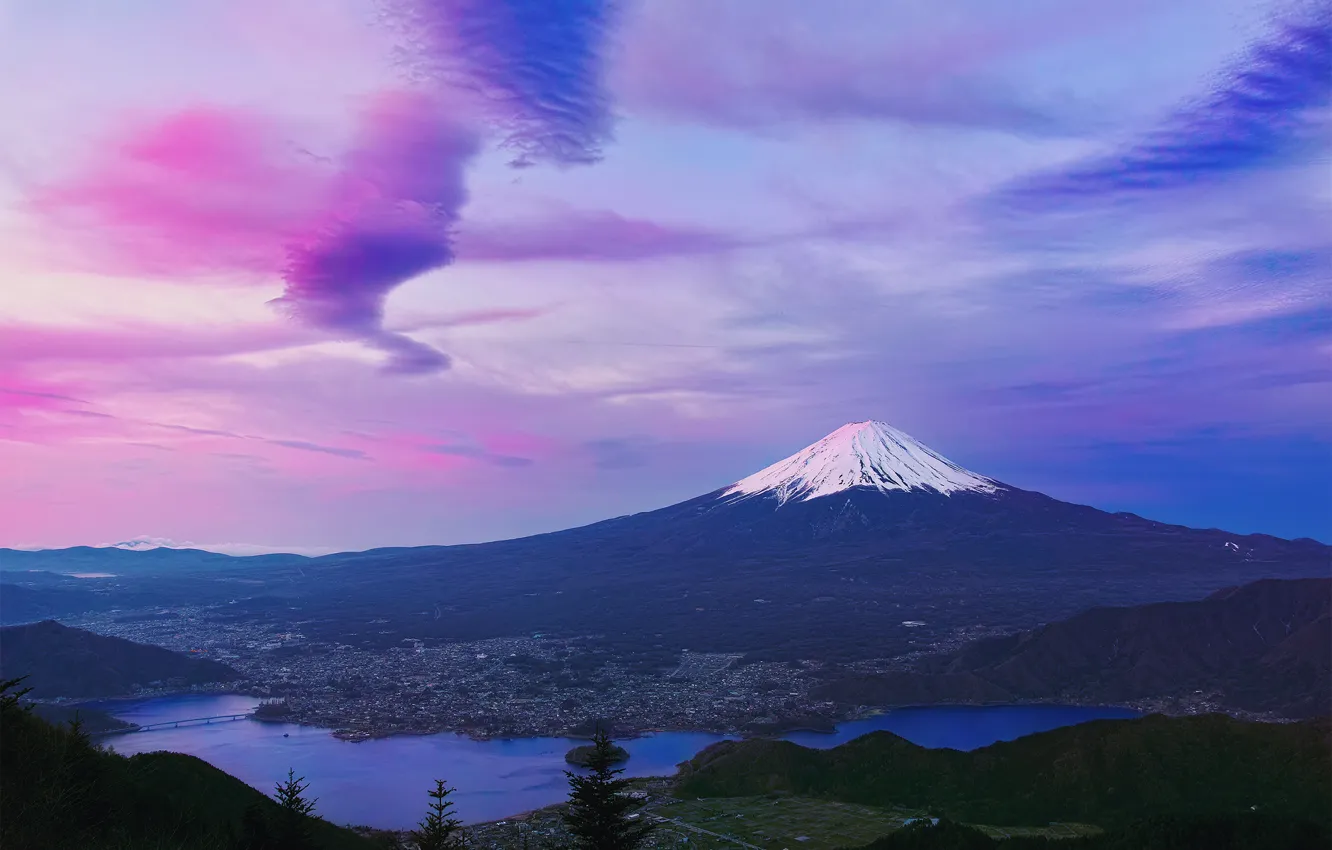 Photo wallpaper mountain, spring, morning, Japan, April, Fuji, stratovolcano, Mount Fuji