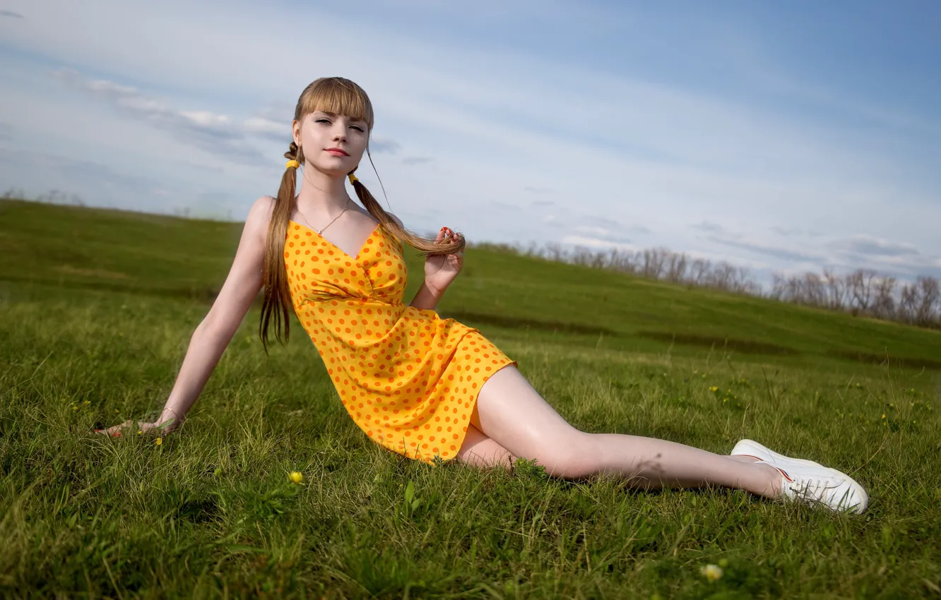 Photo wallpaper the sky, grass, girl, nature, pose, sneakers, dress, tails