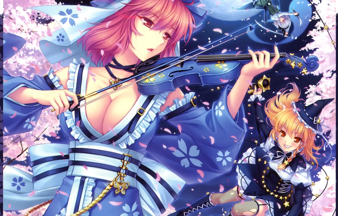Photo wallpaper night, the moon, violin, Sakura, flowering, touhou, art, kirisame marisa