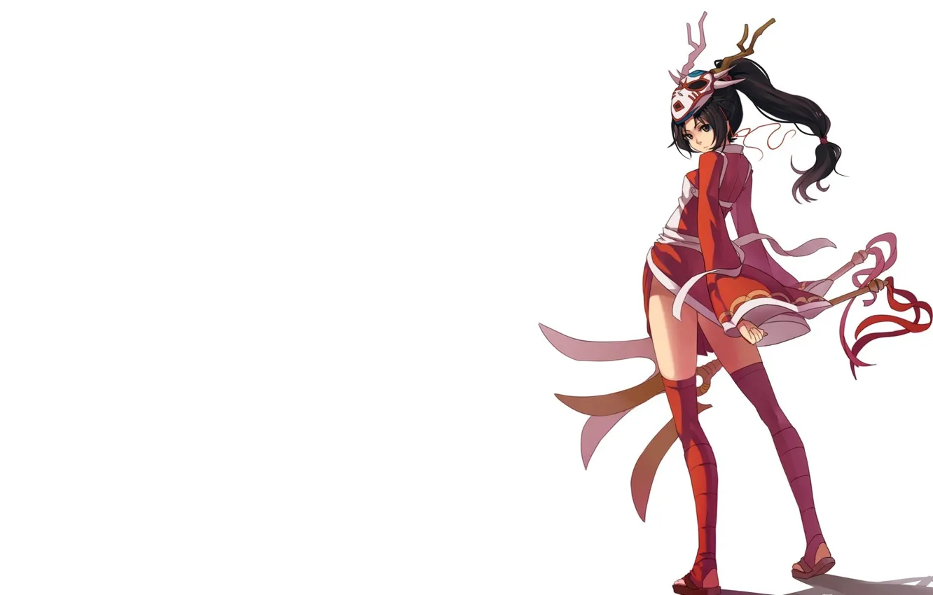 Photo wallpaper shadow, sword, stockings, mask, girl, white background, horns, ninja