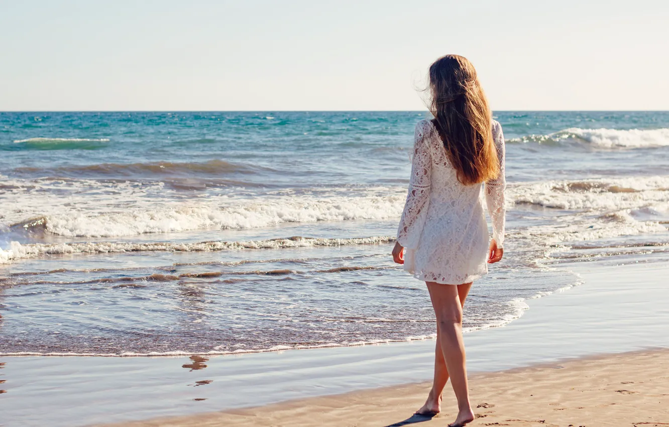 Photo wallpaper sea, girl, pose, shore, dress