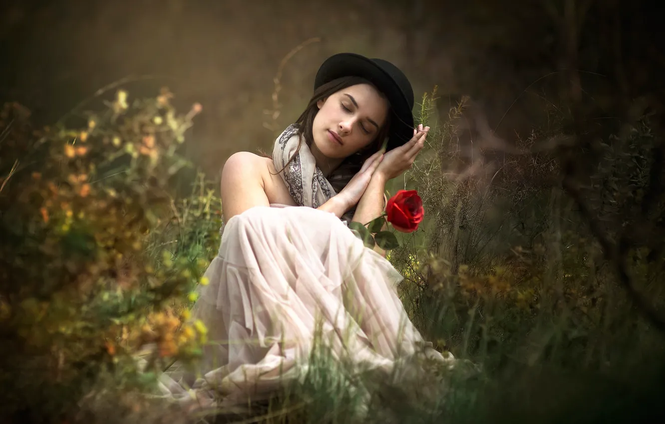 Photo wallpaper grass, girl, flowers, mood, roses, hat, bowler