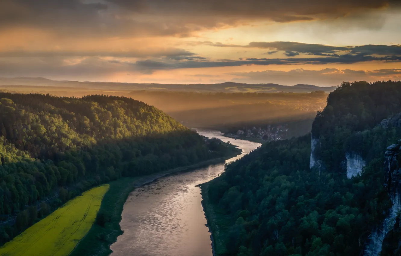 Photo wallpaper sunset, Elbe, Sandstone mountains