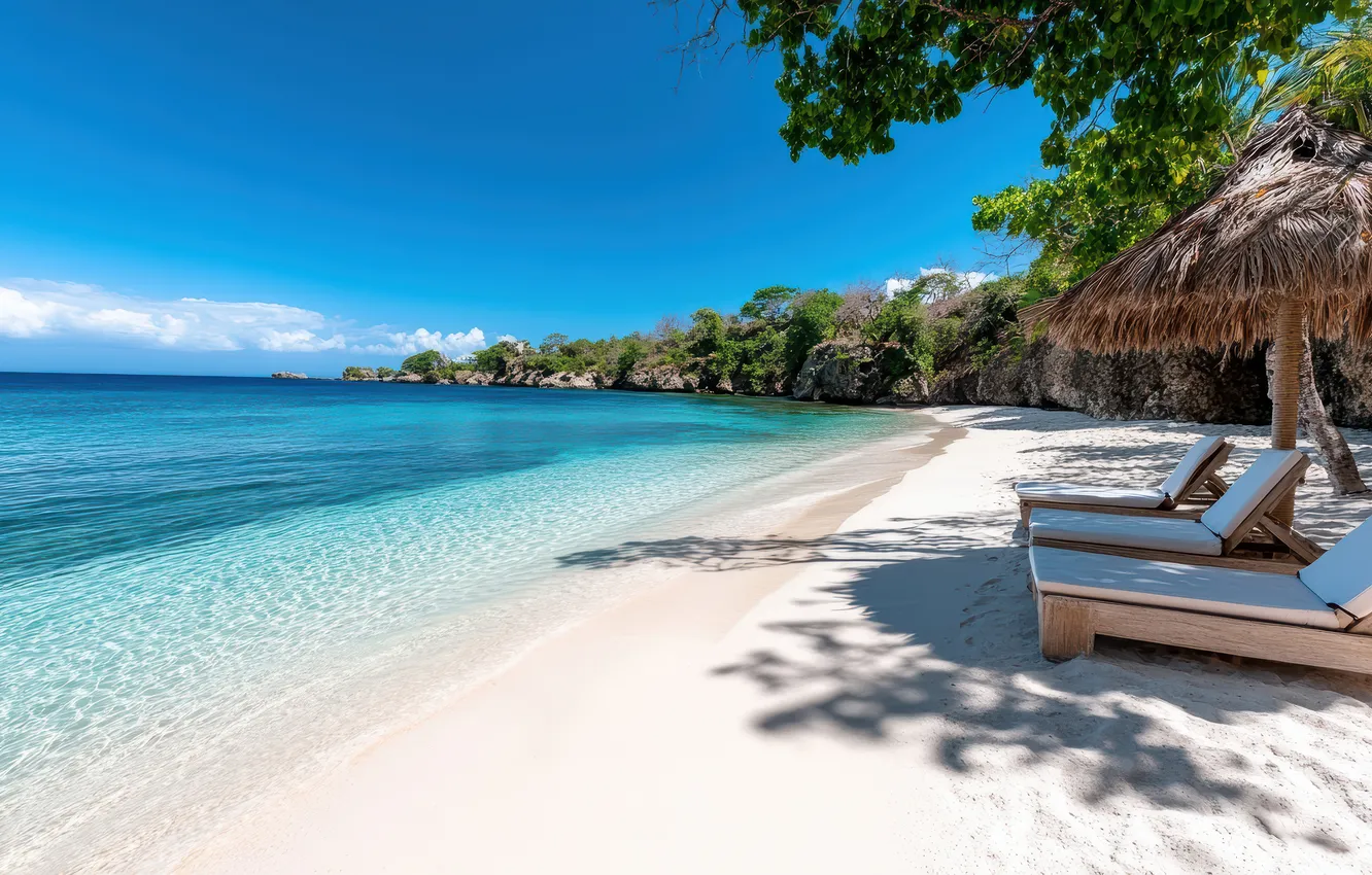 Photo wallpaper sand, sea, wave, beach, the sky, clouds, light, trees