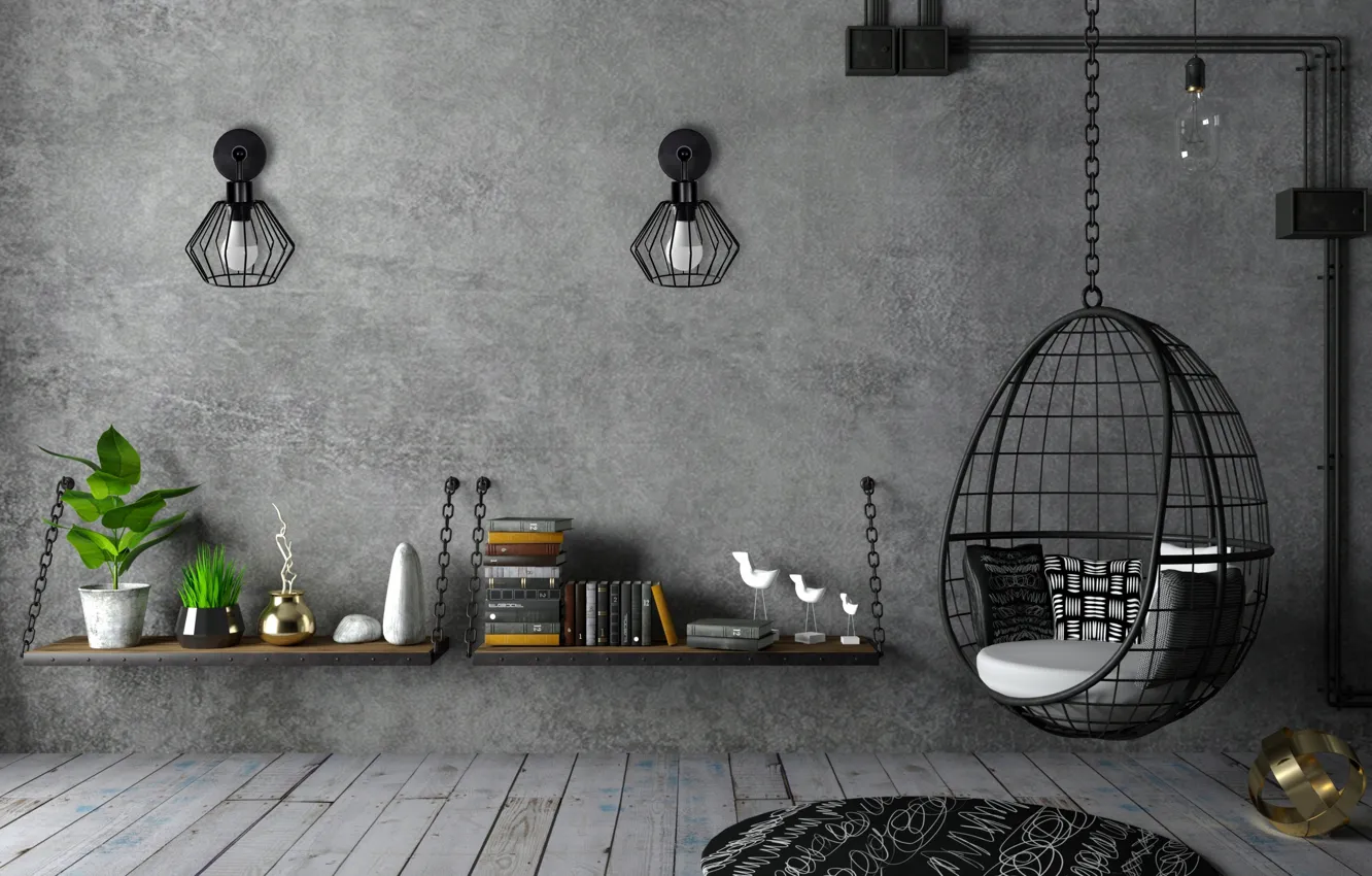 Photo wallpaper design, style, carpet, interior, living room, shelves, Industrial Modern Loft, LED RGB PILOT