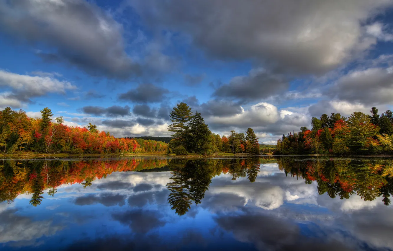 Photo wallpaper autumn, forest, the sky, water, clouds, trees, reflection, river