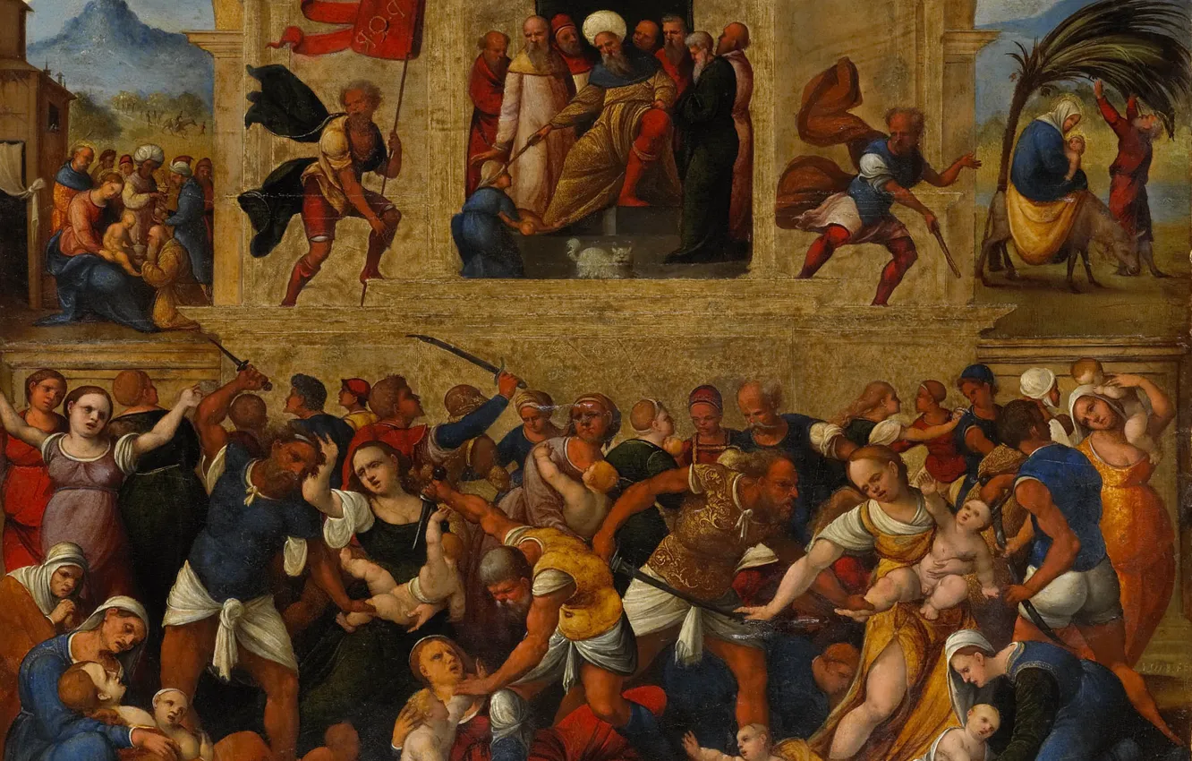 Photo wallpaper oil, picture, mythology, 1530, Ludovico Mazzolino, The killing of infants in Bethlehem, Ludovico Mazzolino