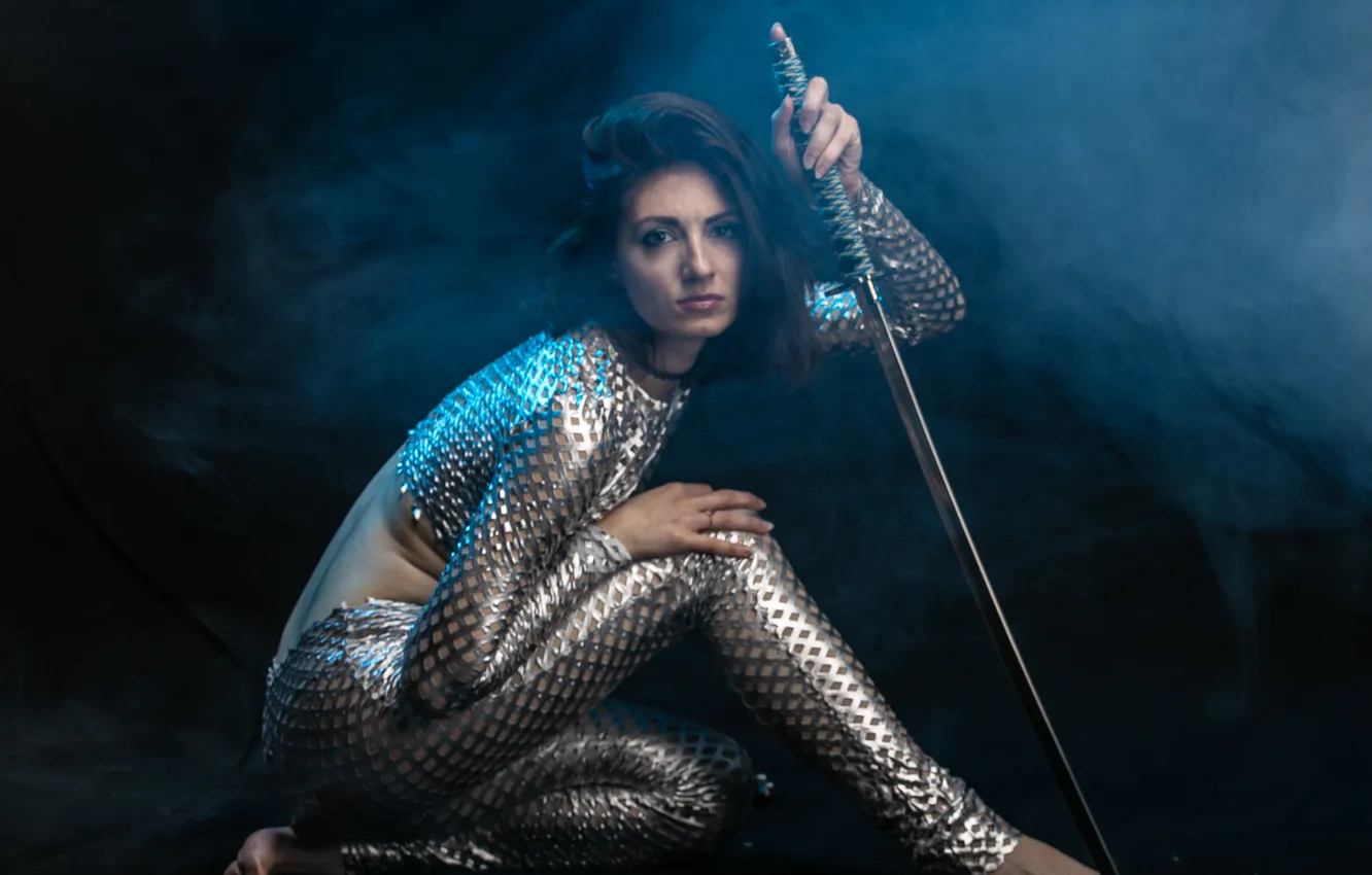 Photo wallpaper pose, model, sword, haze, beauty, model, beauty, pose
