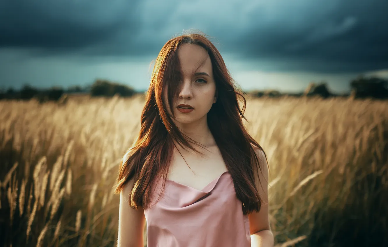 Photo wallpaper field, the sky, girl, pose, model, ears, beauty, model