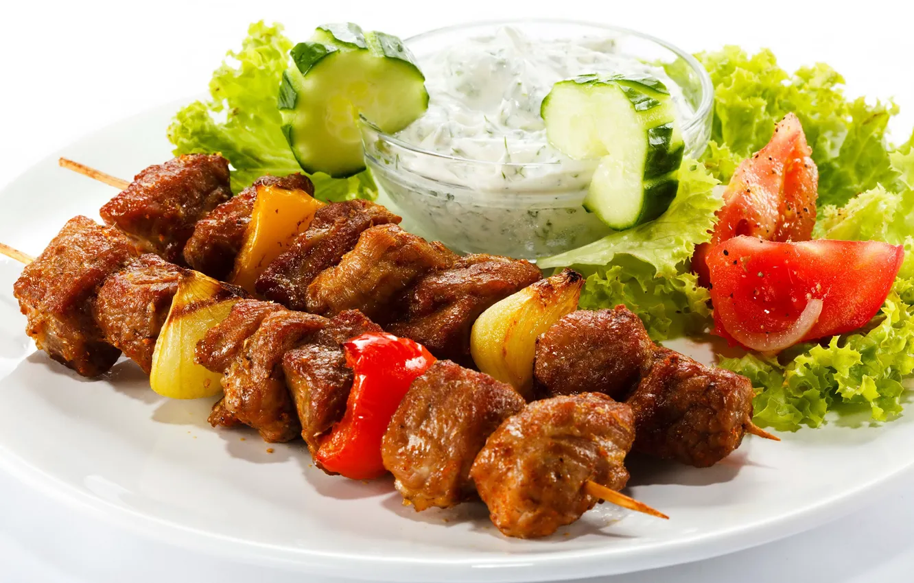 Photo wallpaper tomatoes, vegetables, kebab, salad, meat