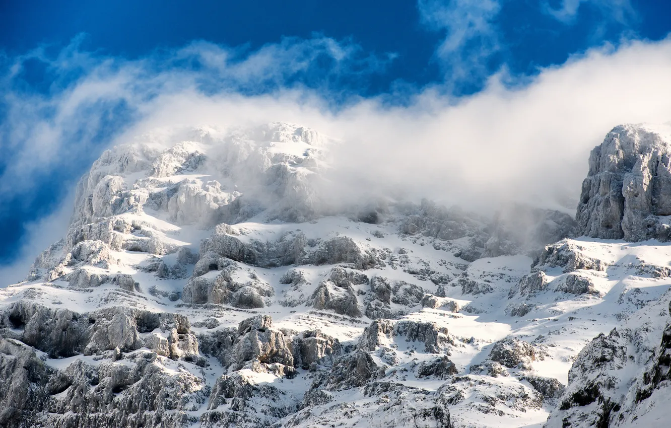 Photo wallpaper the sky, clouds, snow, mountains