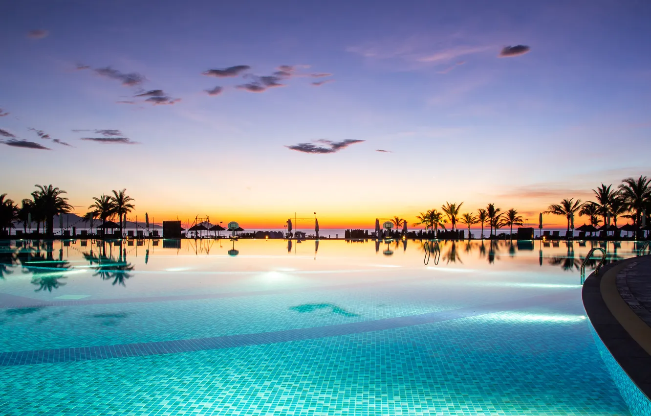 Photo wallpaper beach, summer, the sky, sunset, tropics, palm trees, shore, dal