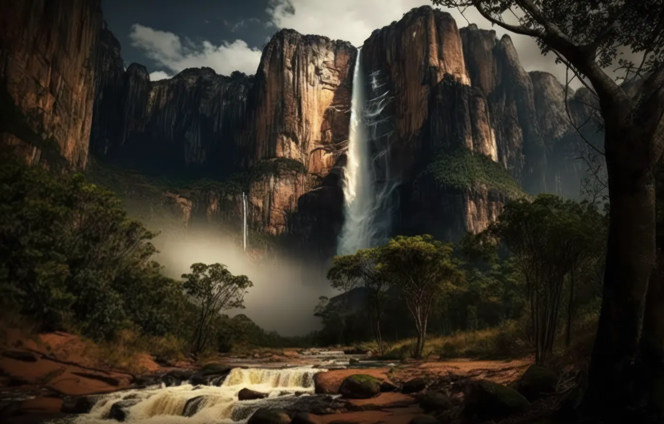 Photo wallpaper forest, trees, landscape, mountains, nature, fog, rendering, rocks