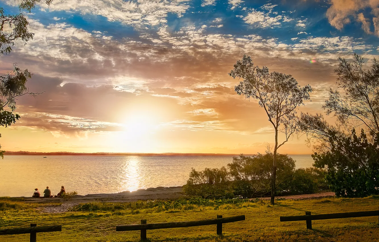 Photo wallpaper the sky, the sun, clouds, light, trees, branches, shore, people