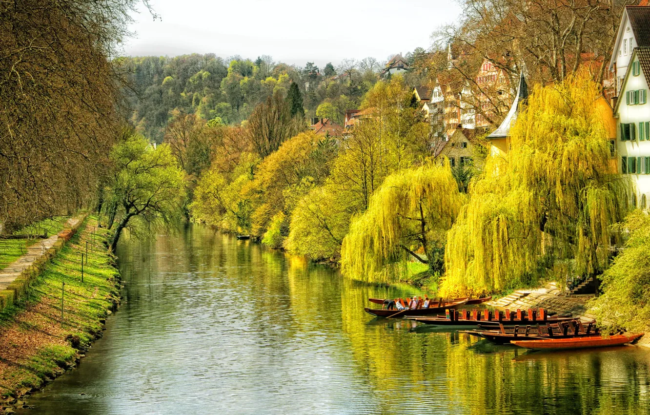 Photo wallpaper autumn, water, trees, the city, river, boat, home, Germany