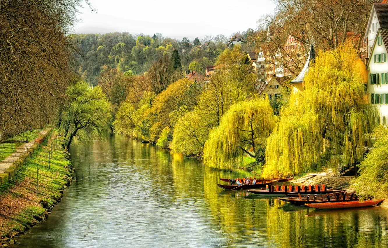 Photo wallpaper autumn, water, trees, the city, river, home, boats, Germany