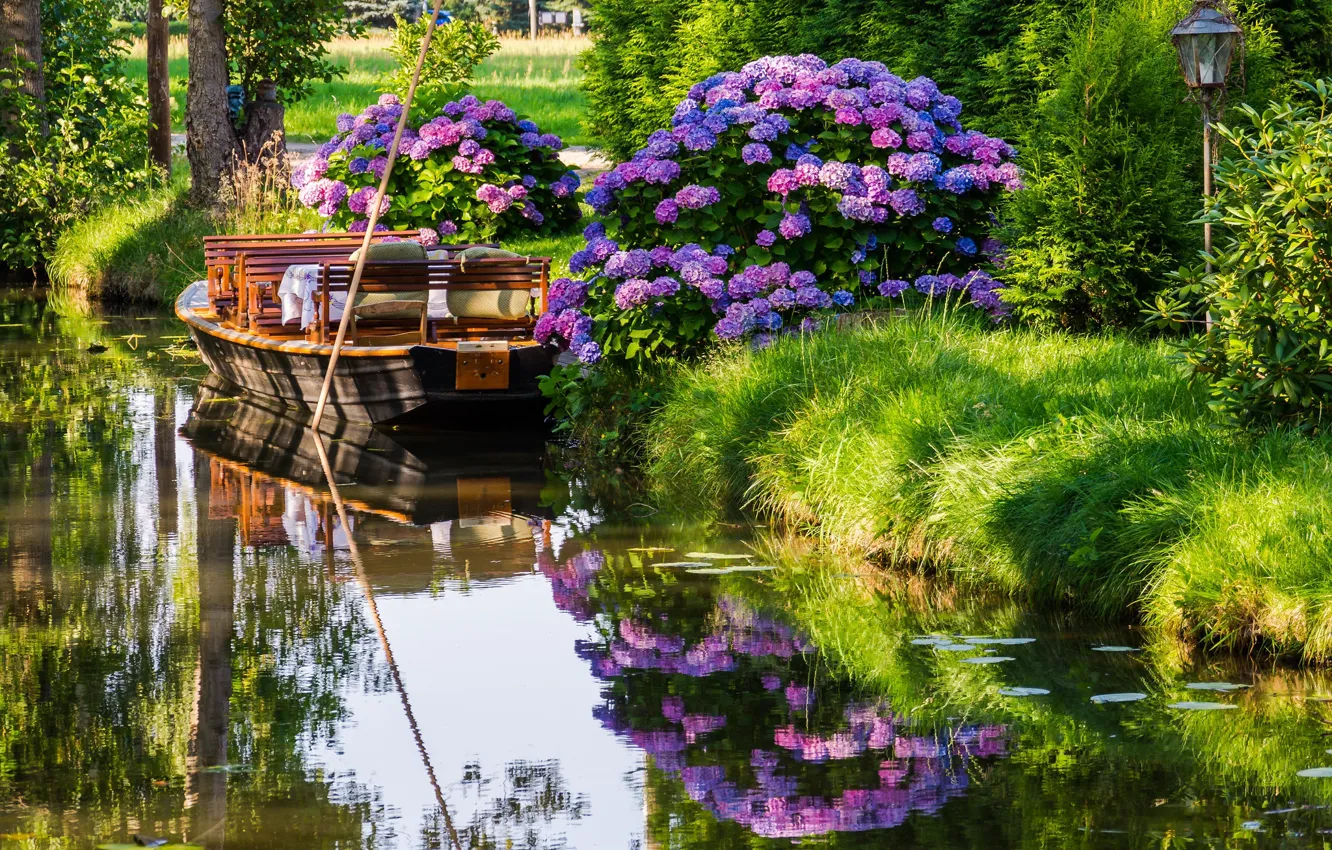 Photo wallpaper summer, water, reflection, river, boat, flowering, hydrangea