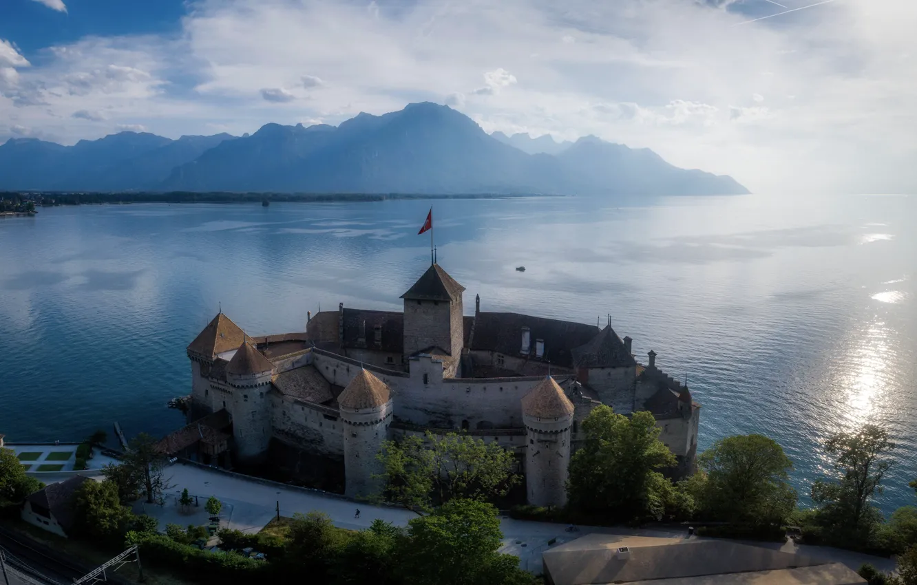 Photo wallpaper clouds, trees, mountains, fog, castle, shore, tower, dal