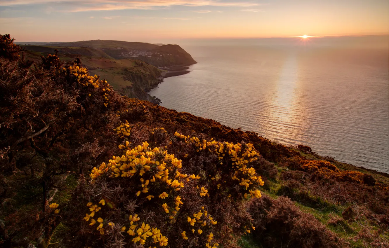 Photo wallpaper sea, the sun, rocks, dawn, coast, horizon, UK, Exmoor National Park