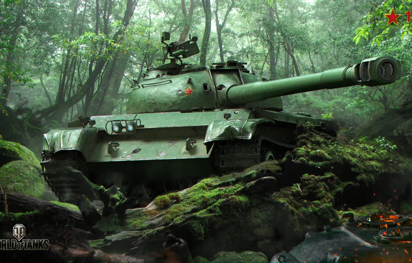 Photo wallpaper greens, forest, trees, stones, moss, ambush, tank, Chinese