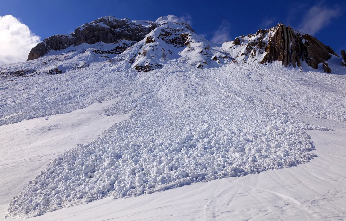 Photo wallpaper winter, the sky, the sun, clouds, snow, mountains, rocks, slope